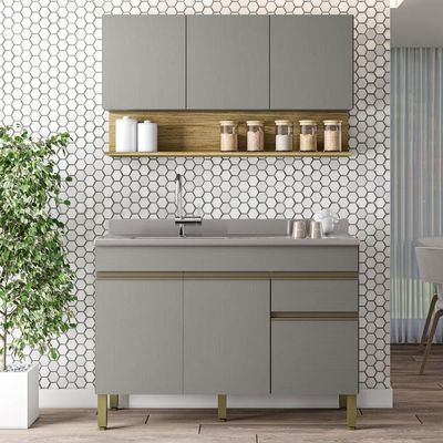 Armário De Cozinha E Balcão Com Pia 120cm Lina K02 Gris/freijó - Mpozenato