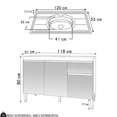 Balcão De Cozinha Com Pia Inox 120cm 1 Gaveta Tatiane Amêndoa-preto - Ajl Móveis