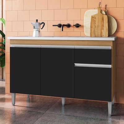 Balcão De Cozinha Com Pia Inox 120cm 1 Gaveta Tatiane Amêndoa-preto - Ajl Móveis