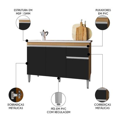 Balcão De Cozinha Com Pia Inox 120cm 1 Gaveta Tatiane Amêndoa-preto - Ajl Móveis