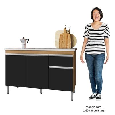 Balcão De Cozinha Com Pia Inox 120cm 1 Gaveta Tatiane Amêndoa-preto - Ajl Móveis