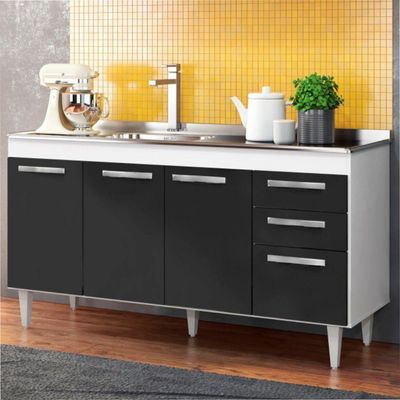 Balcão Gabinete Com Pia Inox 150cm Lisboa - Lumil Móveis Branco-preto