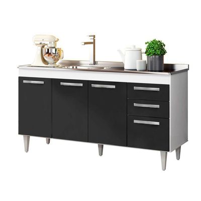 Balcão Gabinete Com Pia Inox 150cm Lisboa - Lumil Móveis Branco-preto