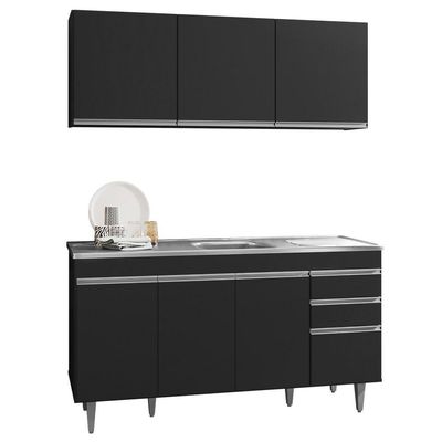 Armário Aéreo Argélia E Balcão Gabinete Com Pia Inox Marrocos 150cm Preto - Lumil Móveis