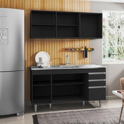 Armário Aéreo Argélia E Balcão Gabinete Com Pia Inox Marrocos 150cm Preto - Lumil Móveis