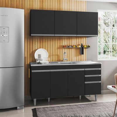 Armário Aéreo Argélia E Balcão Gabinete Com Pia Inox Marrocos 150cm Preto - Lumil Móveis