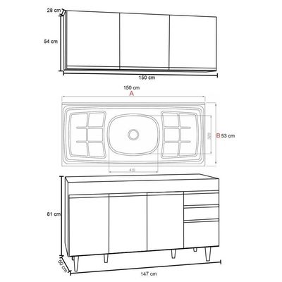 Armário Aéreo Argélia E Balcão Gabinete Com Pia Inox Marrocos 150cm Preto - Lumil Móveis
