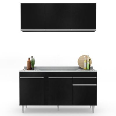 Armário Aéreo Argélia E Balcão Gabinete Com Pia Inox 150cm Dakota Preto - Lumil