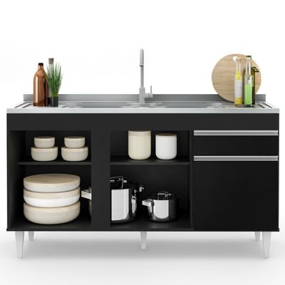 Balcão Gabinete Com Pia Inox 150cm 3 Portas 1 Gaveta Dakota Preto - Lumil
