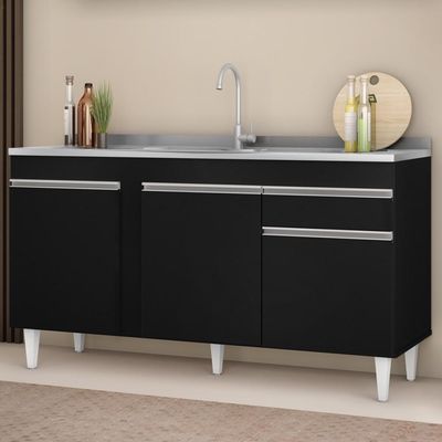 Balcão Gabinete Com Pia Inox 150cm 3 Portas 1 Gaveta Dakota Preto - Lumil