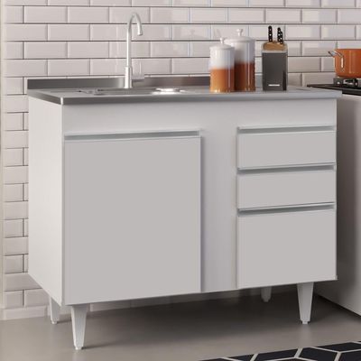 Balcão Gabinete Com Pia Inox 100cm 2 Portas 2 Gavetas Luziania Branco - Lumil