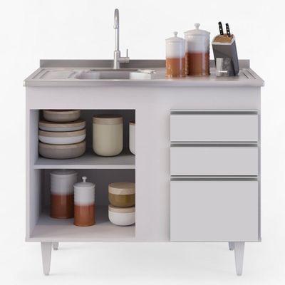 Balcão Gabinete Com Pia Inox 100cm 2 Portas 2 Gavetas Luziania Branco - Lumil