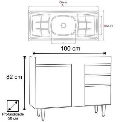 Balcão Gabinete Com Pia Inox 100cm 2 Portas 2 Gavetas Luziania Branco - Lumil
