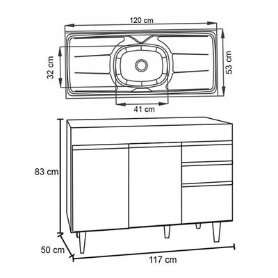 Balcão Gabinete Com Pia Inox 120cm Michigan Preto - Lumil