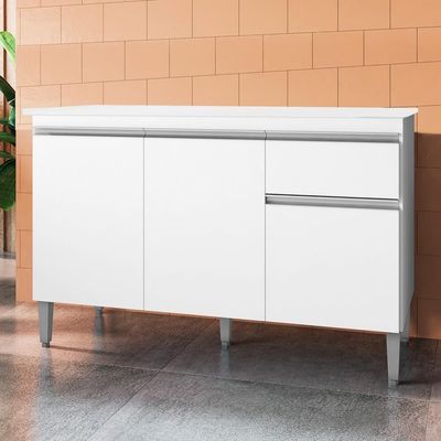 Balcão Gabinete Para Pia Com Tampo 120cm 3 Portas E 1 Gaveta Tatiane Branco - Ajl Móveis