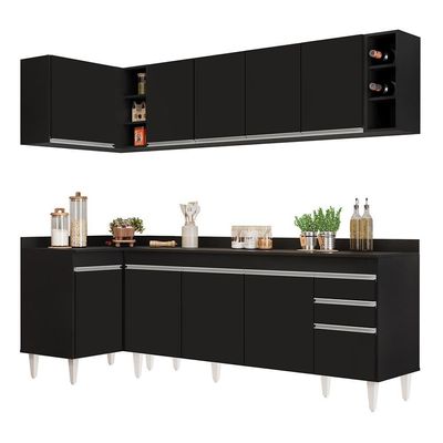 Armário De Cozinha Modulado De Canto Direito 5 Peças Cp44 Balcão Com Tampo Preto - Lumil