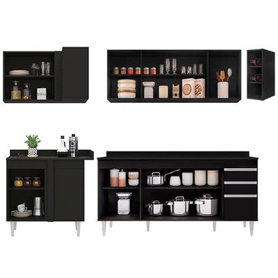 Armário De Cozinha Modulado De Canto Direito 5 Peças Cp44 Balcão Com Tampo Preto - Lumil