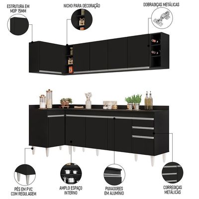 Armário De Cozinha Modulado De Canto Direito 5 Peças Cp44 Balcão Com Tampo Preto - Lumil