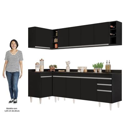 Armário De Cozinha Modulado De Canto Direito 5 Peças Cp44 Balcão Com Tampo Preto - Lumil