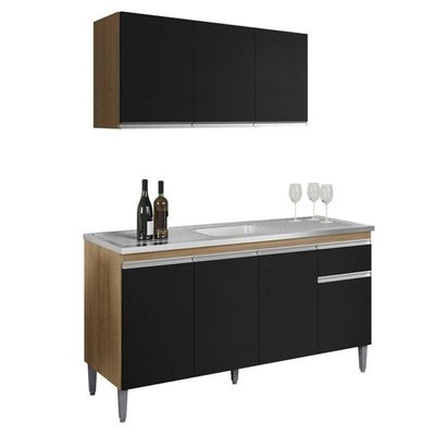 Balcão De Pia Tatiane 145 Cm E Armário Aéreo Andreia 3 Portas 120 Cm Amêndoa Preto - Ajl