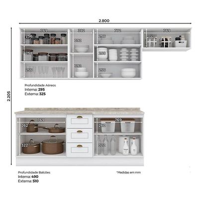 Cozinha Modulada Nova York 6 Peças Branco Hp Com Tampo Calcare - Henn