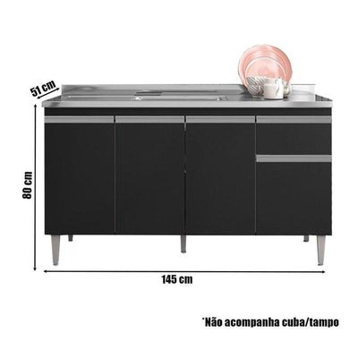 Balcão De Pia Tatiane 145 Cm E Armário Aéreo Andréia 4 Portas 150 Cm Preto Fosco - Ajl