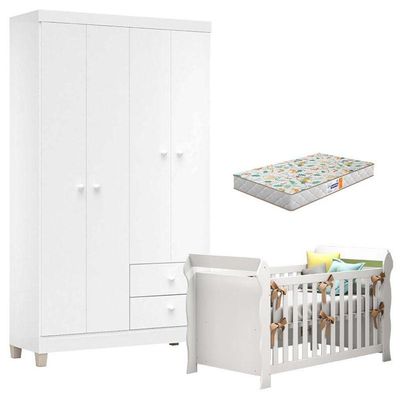 Berço Americano Lara Com Colchão Gazin E Guarda Roupa Ternura Baby 4 Portas Branco Flex - Incorplac