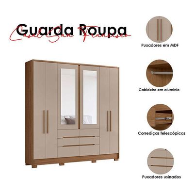 Guarda Roupa Casal Ambiente San Francisco 6 Portas Carvalho Fendi Com Espelho - Moval