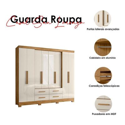 Guarda Roupa Casal San Lorenzo 8 Portas Freijó Off White Com Espelho - Moval