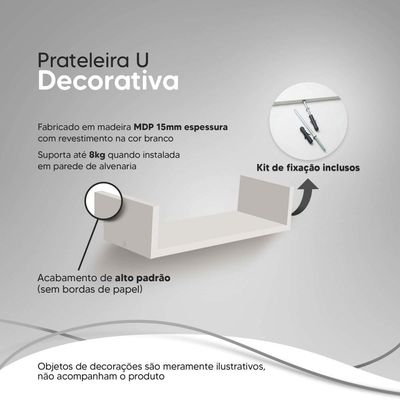 Kit 3 Prateleiras Nichos Em U 60 X 15cm Branca Suporte Invisível