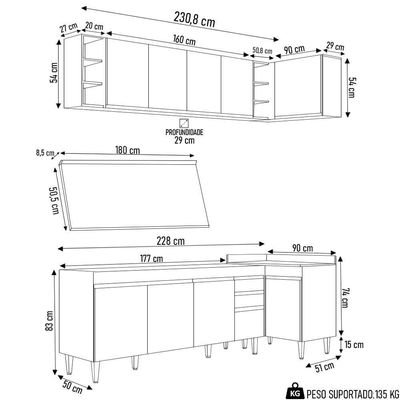 Armário De Cozinha Modulado De Canto Esquerdo 5 Peças Cp53 Balcão Com Tampo Branco - Lumil