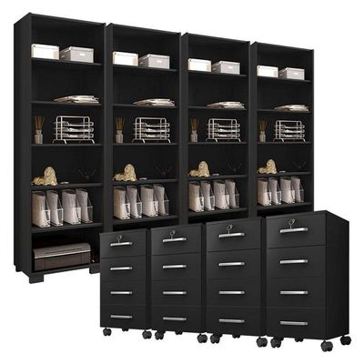 Kit 4 Gaveteiros Para Escritório Gávea Com Chave E 4 Livreiros Office Preto Fosco - Móveis Leão