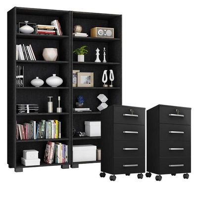 Kit 2 Gaveteiros Para Escritório Gávea Com Chave E 2 Livreiros Office Preto Fosco - Móveis Leão