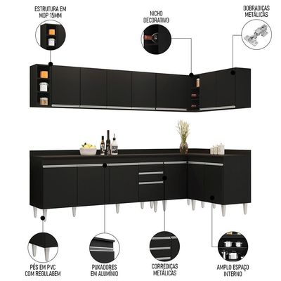 Armário De Cozinha Modulado De Canto 7 Peças Cp35 Balcão Com Tampo Preto - Lumil