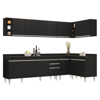 Armário De Cozinha Modulado De Canto 7 Peças Cp35 Balcão Com Tampo Preto - Lumil