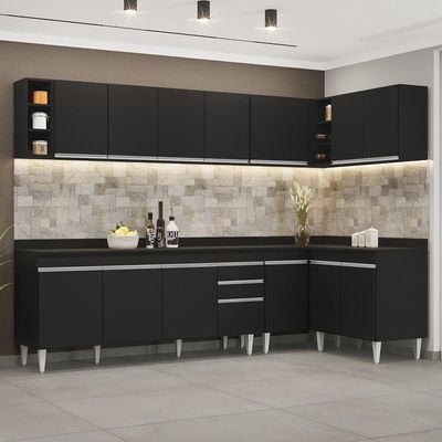 Armário De Cozinha Modulado De Canto 7 Peças Cp35 Balcão Com Tampo Preto - Lumil