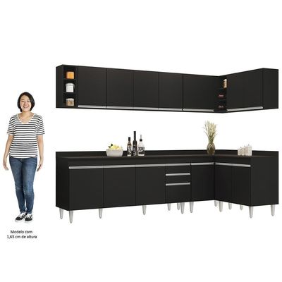 Armário De Cozinha Modulado De Canto 7 Peças Cp35 Balcão Com Tampo Preto - Lumil
