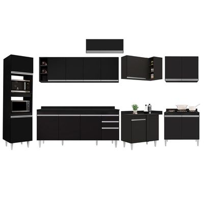 Armário De Cozinha Modulada De Canto 9 Peças Cp05 Balcão Com Tampo Preto - Lumil