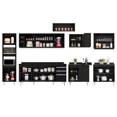 Armário De Cozinha Modulada De Canto 9 Peças Cp05 Balcão Com Tampo Preto - Lumil