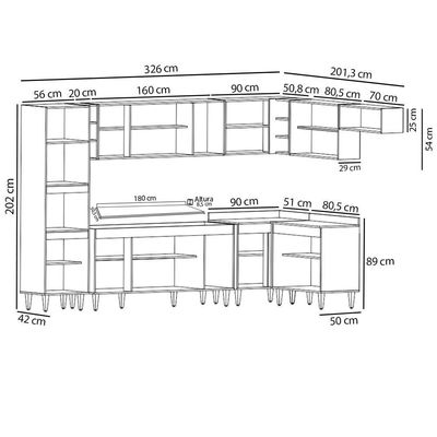 Armário De Cozinha Modulada De Canto 9 Peças Cp05 Balcão Com Tampo Preto - Lumil
