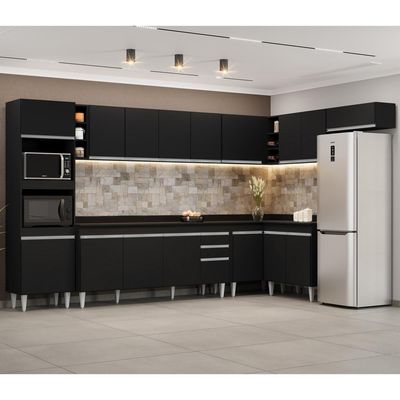 Armário De Cozinha Modulada De Canto 9 Peças Cp05 Balcão Com Tampo Preto - Lumil
