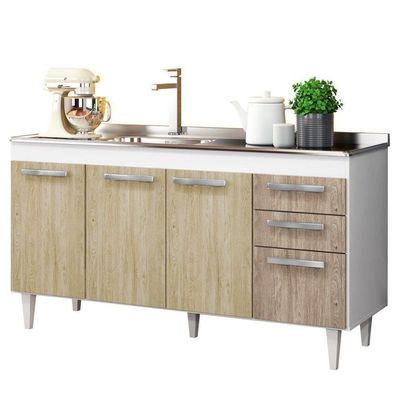 Balcão Gabinete Com Pia Inox 150cm Lisboa - Lumil Móveis Branco-castanho