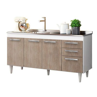 Balcão Gabinete Com Pia Inox 150cm Lisboa - Lumil Móveis Branco-castanho