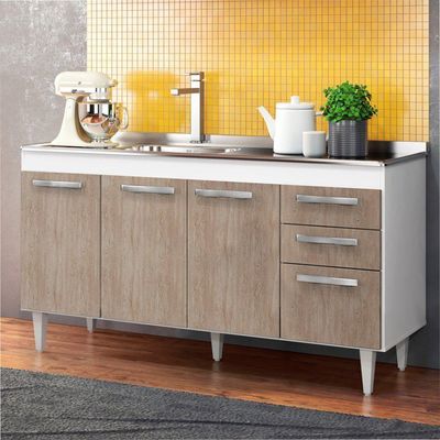 Balcão Gabinete Com Pia Inox 150cm Lisboa - Lumil Móveis Branco-castanho