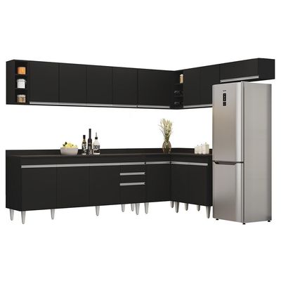 Armário De Cozinha Modulado De Canto 8 Peças Cp26 Balcão Com Tampo Preto - Lumil