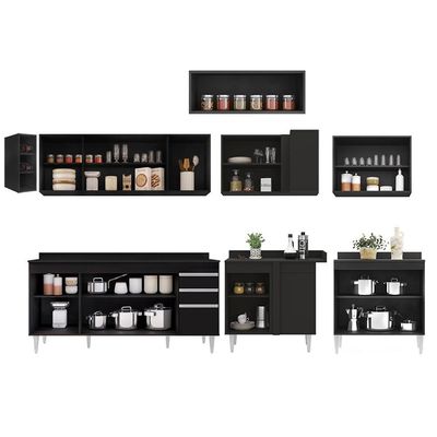 Armário De Cozinha Modulado De Canto 8 Peças Cp26 Balcão Com Tampo Preto - Lumil