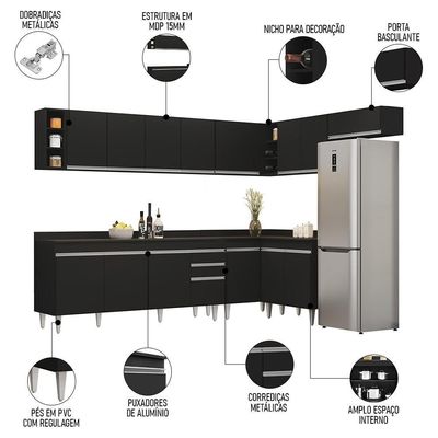 Armário De Cozinha Modulado De Canto 8 Peças Cp26 Balcão Com Tampo Preto - Lumil