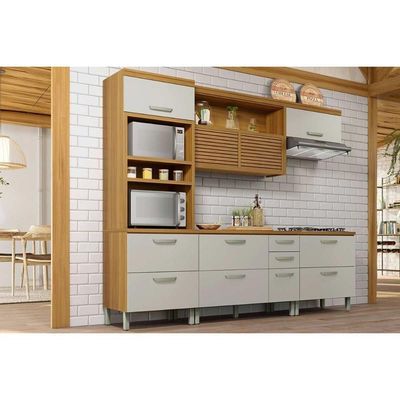Cozinha Completa 4 Peças Princesa 1 Aéreo 2 Balcões 1 Paneleiro C6p64 Freijó Off White
