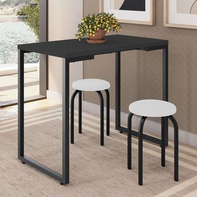 Mesa De Cozinha Bistrô Porto Preto 90cm Com 2 Banquetas Industriais Maviê Branco-preto - Mpozenato