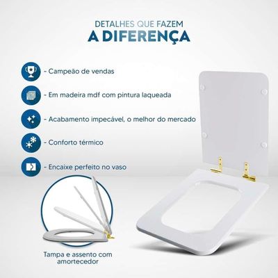 Assento Sanitário Soft Close Square Cinza Platina Para Vaso Incepa Com Ferragem Dourada